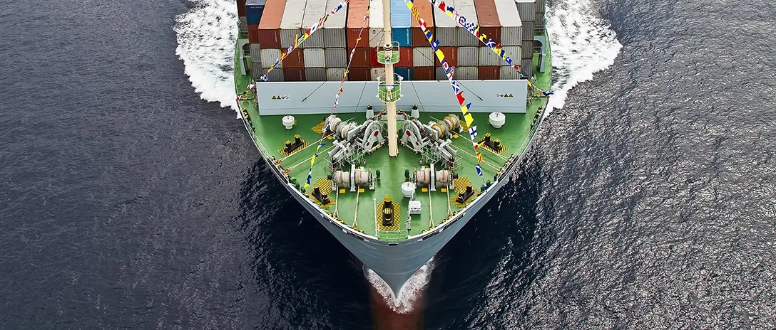 Container ship hull at the waterline