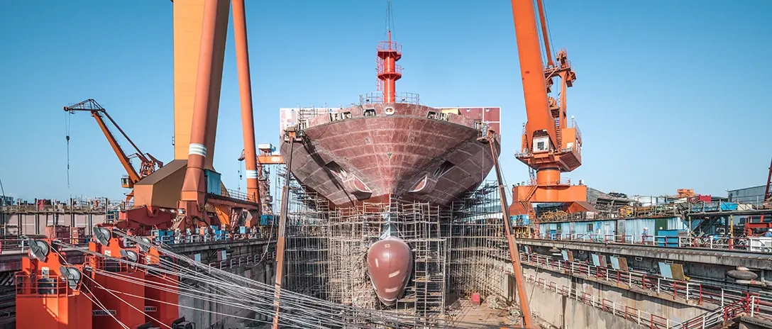 Vessel under construction in a shipyard